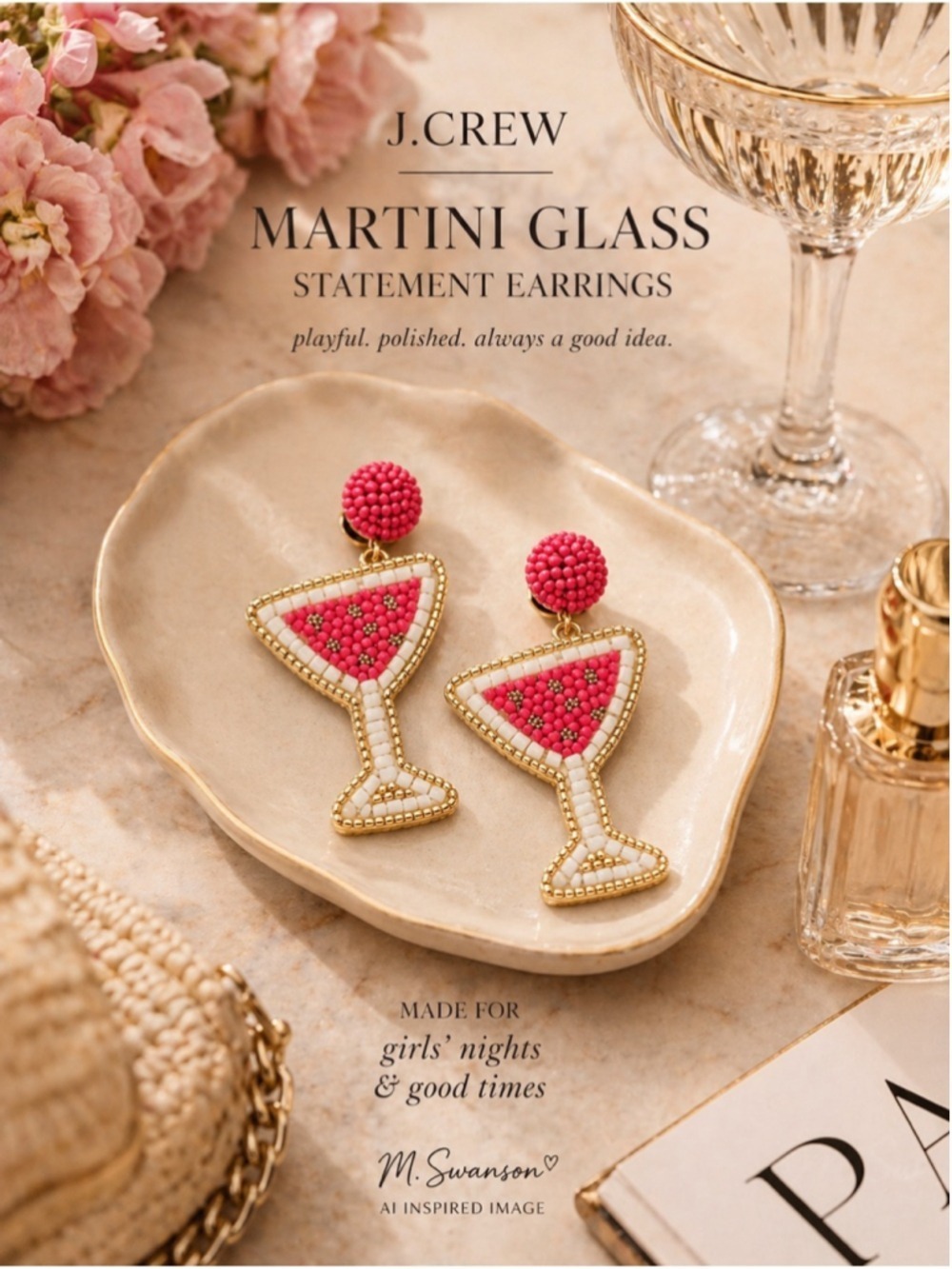 NEW J. Crew Martini Glass Beaded Statement Earrings Pink Gold NWT